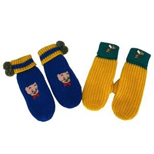 Snoopy Peanuts Mittens Kids Blue Bugs Bunny Brand Porky Pig Knit Pom Vtg 70s